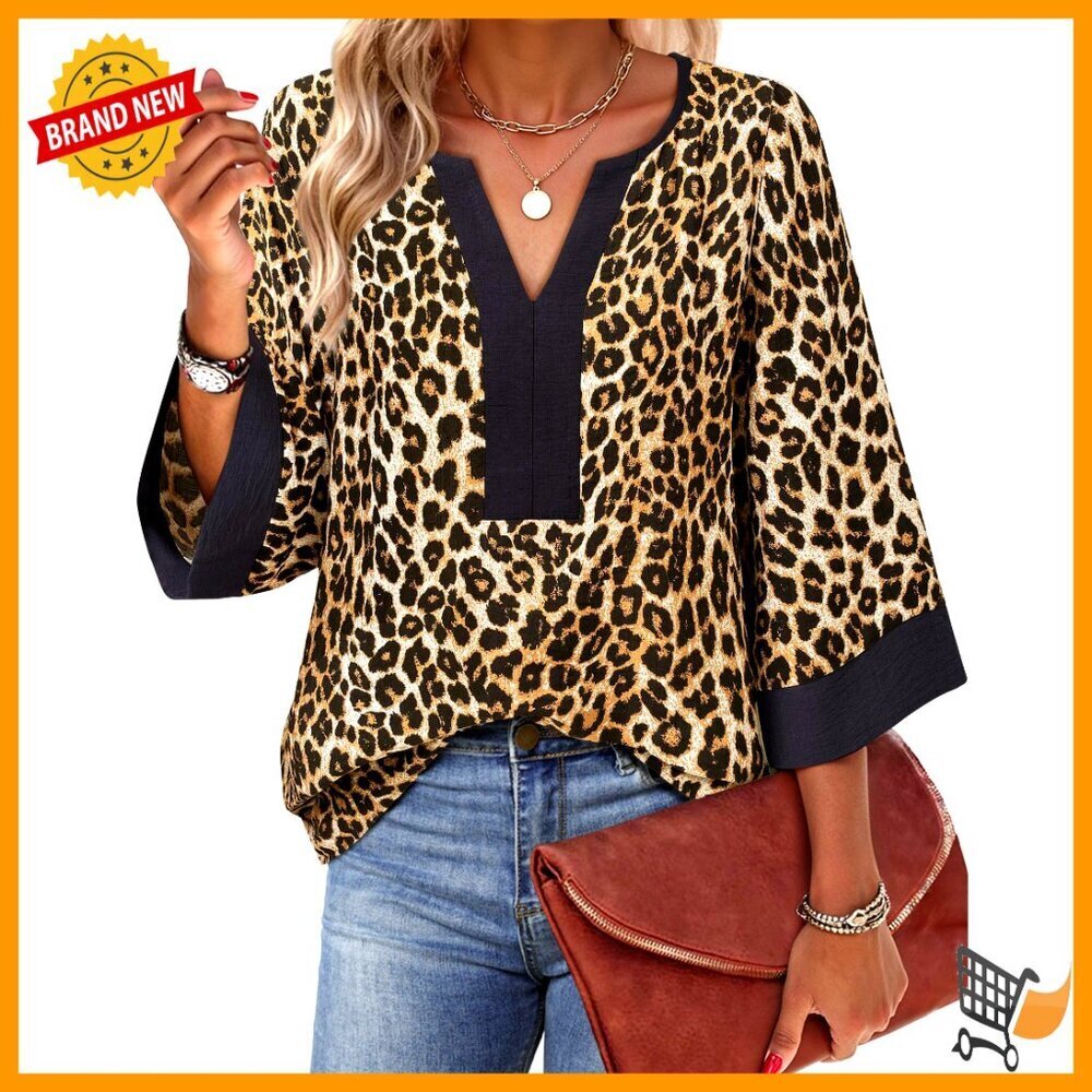 Floral Print 3/4 Sleeve V Neck Loose Fit Tunic Top Elegant Casual Chic